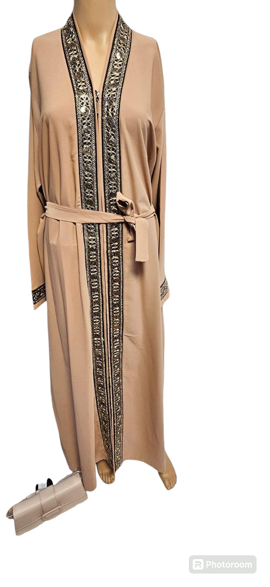 Abaya fermeture éclair lisière camel