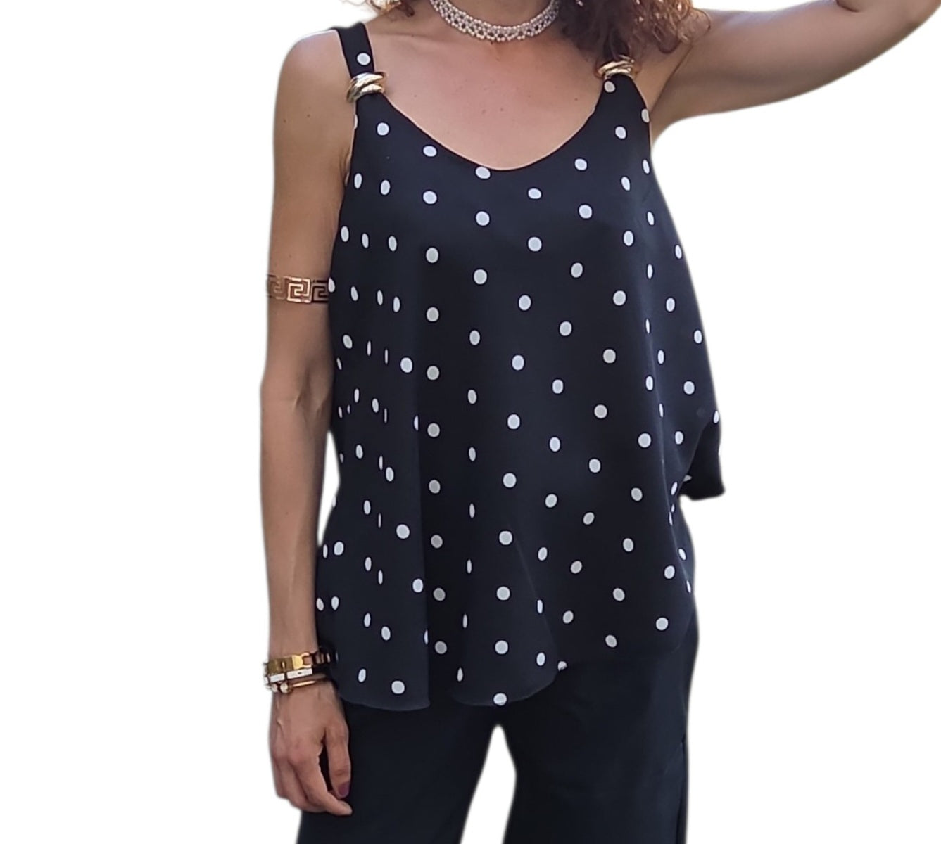 Top noir à pois blanc