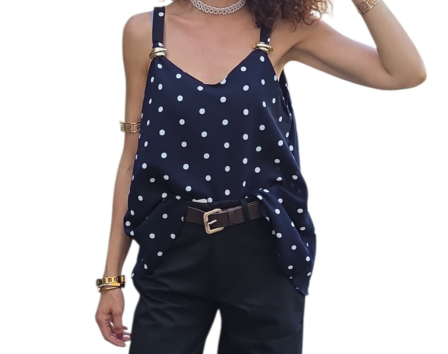 Top bleu marine à pois blanc