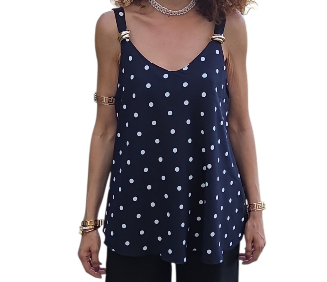 Top bleu marine à pois blanc