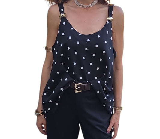 Top noir à pois blanc